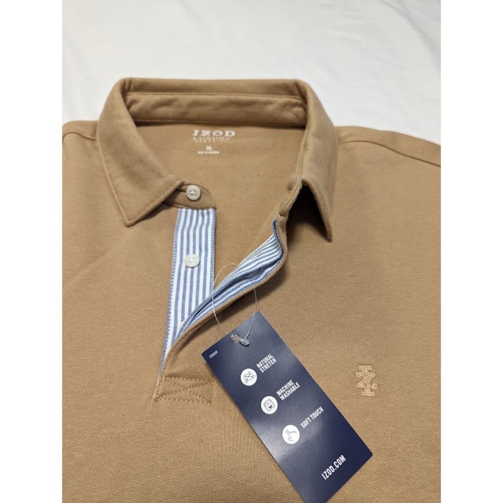 IZOD Luxury Classics Mens XL Long Sleeve Polo Sweatshirt Tan Khaki Pullover NWT